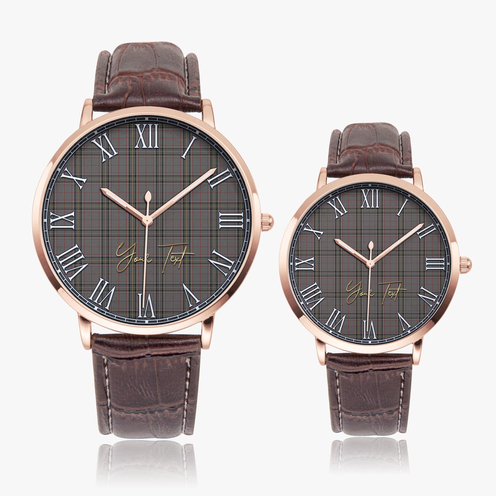 Stewart Grey Tartan Personalized Your Text Leather Trap Quartz Watch Ultra Thin Rose Gold Case With Brown Leather Strap - Tartanvibesclothing Shop