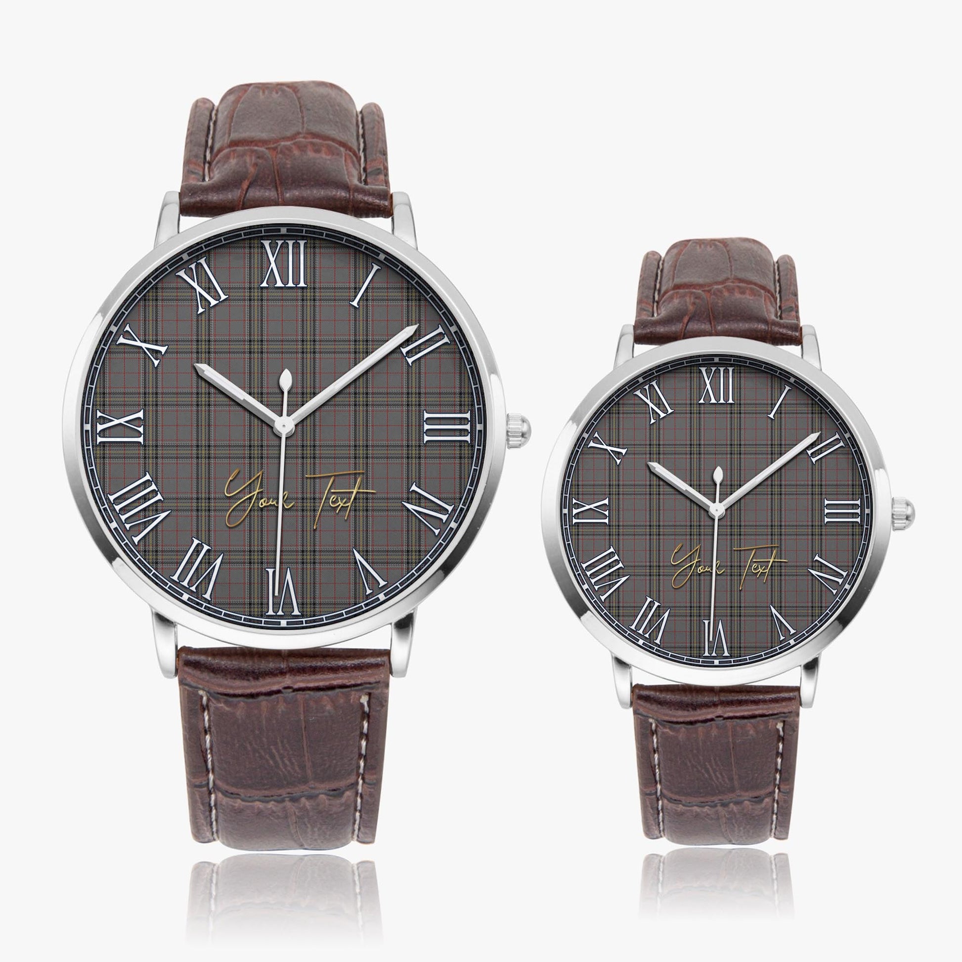 Stewart Grey Tartan Personalized Your Text Leather Trap Quartz Watch Ultra Thin Silver Case With Brown Leather Strap - Tartanvibesclothing Shop