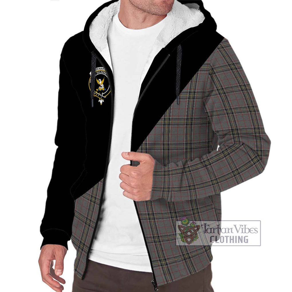 Stewart Grey Tartan Sherpa Hoodie with Family Crest and Military Logo Style Unisex S - Tartanvibesclothing Shop