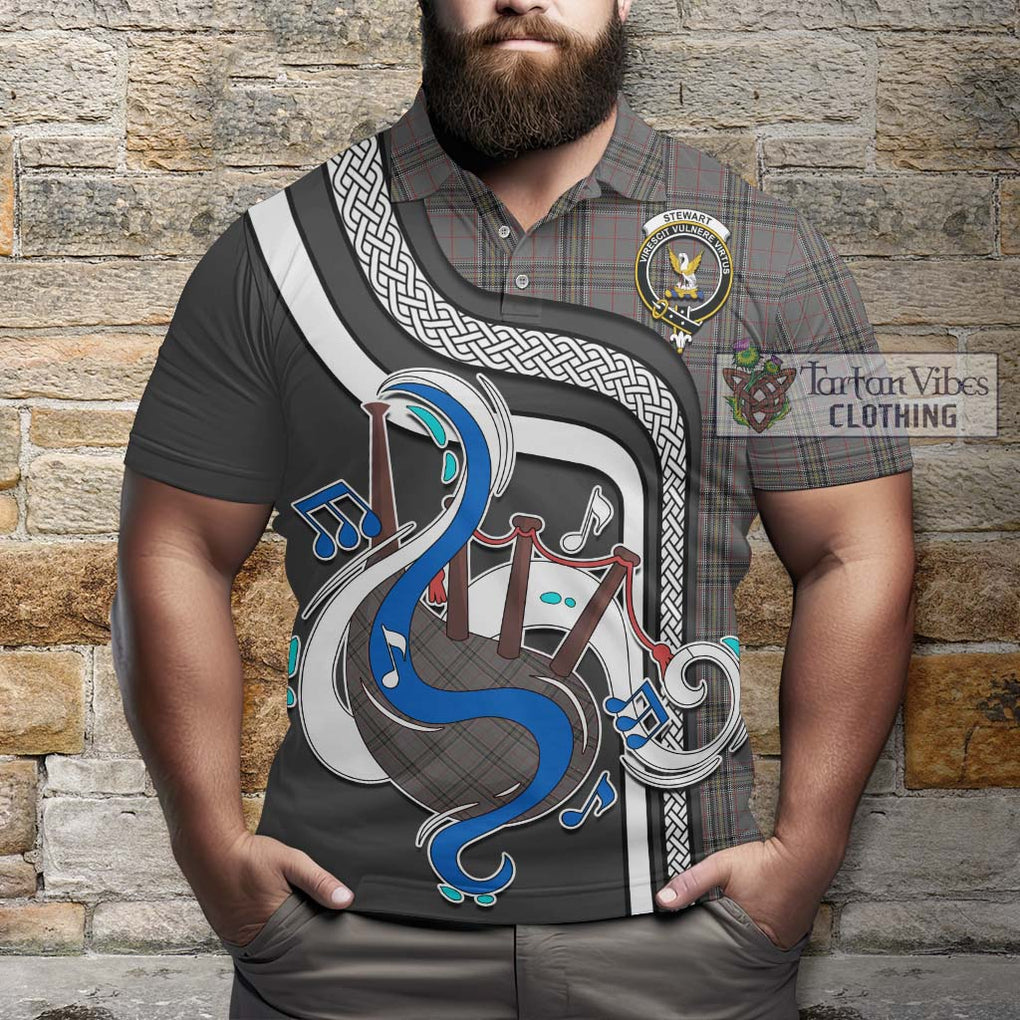 Tartan Vibes Clothing Stewart Grey Tartan Polo Shirt with Epic Bagpipe Style