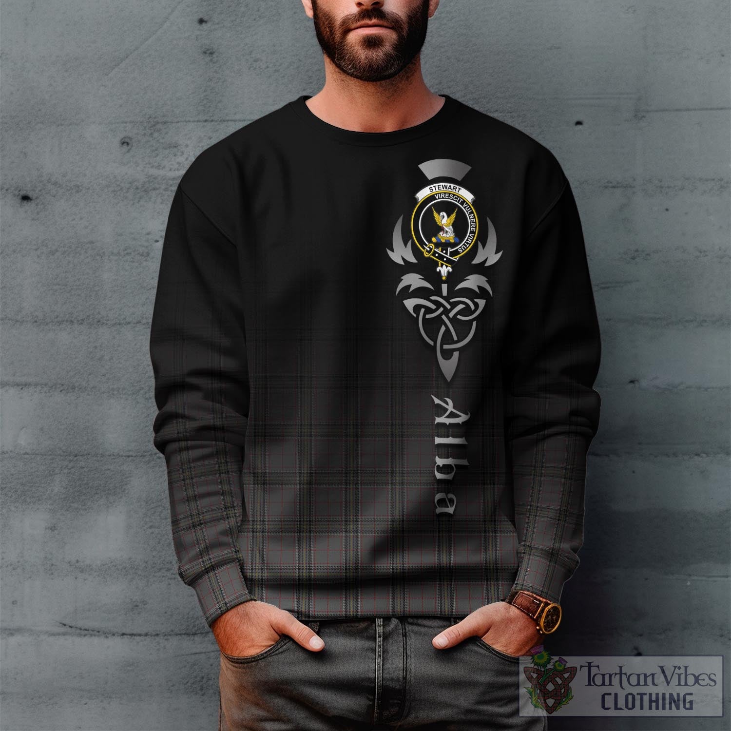 Tartan Vibes Clothing Stewart Grey Tartan Sweatshirt Featuring Alba Gu Brath Family Crest Celtic Inspired