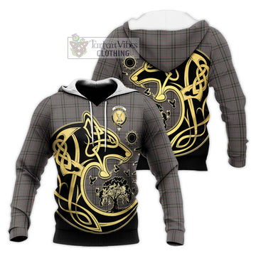 Stewart Grey Tartan Knitted Hoodie with Family Crest Celtic Wolf Style