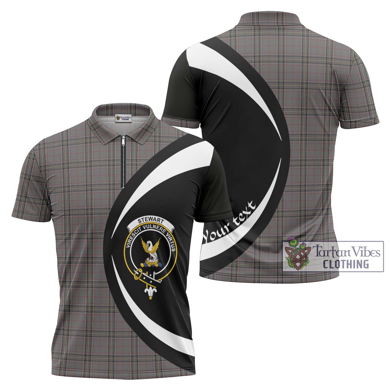 Stewart Grey Tartan Zipper Polo Shirt with Family Crest Circle Style Unisex - Tartan Vibes Clothing