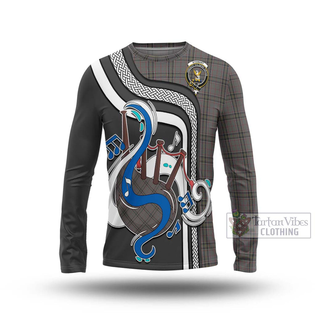 Tartan Vibes Clothing Stewart Grey Tartan Long Sleeve T-Shirt with Epic Bagpipe Style