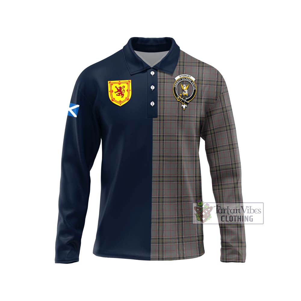 Tartan Vibes Clothing Stewart Grey Tartan Long Sleeve Polo Shirt with Scottish Lion Royal Arm Half Style