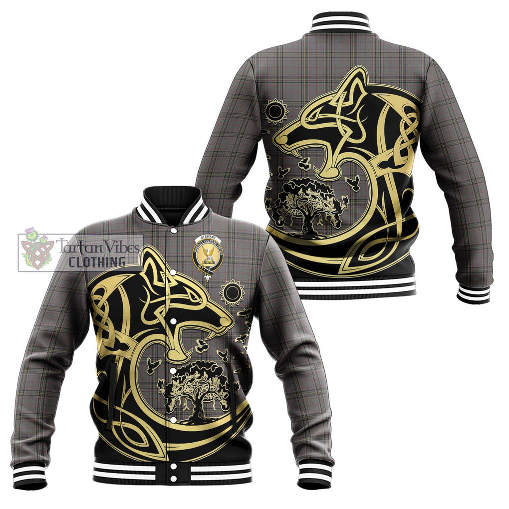 Stewart Grey Tartan Baseball Jacket with Family Crest Celtic Wolf Style Unisex - Tartan Vibes Clothing