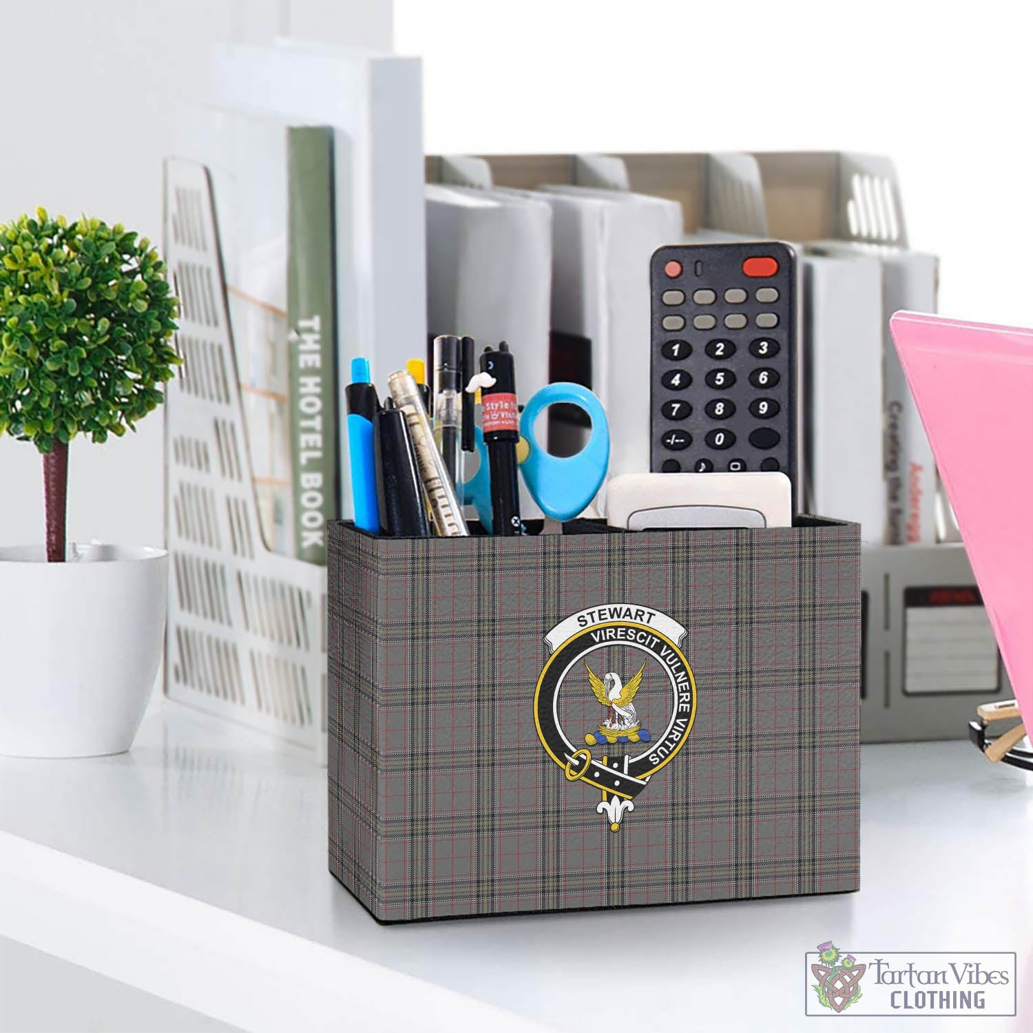 Tartan Vibes Clothing Stewart Grey Tartan Pen Holder with Family Crest