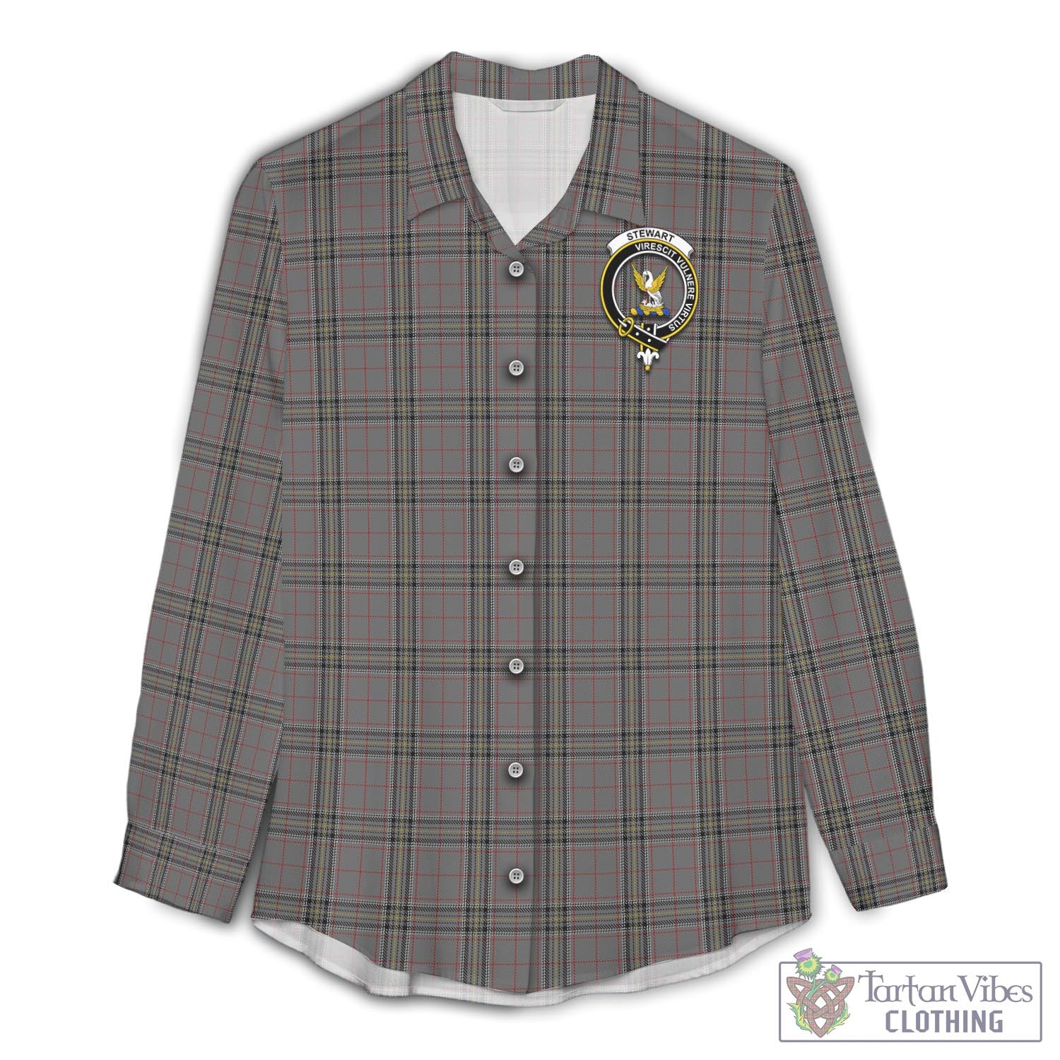 Tartan Vibes Clothing Stewart Grey Tartan Womens Casual Shirt with Family Crest