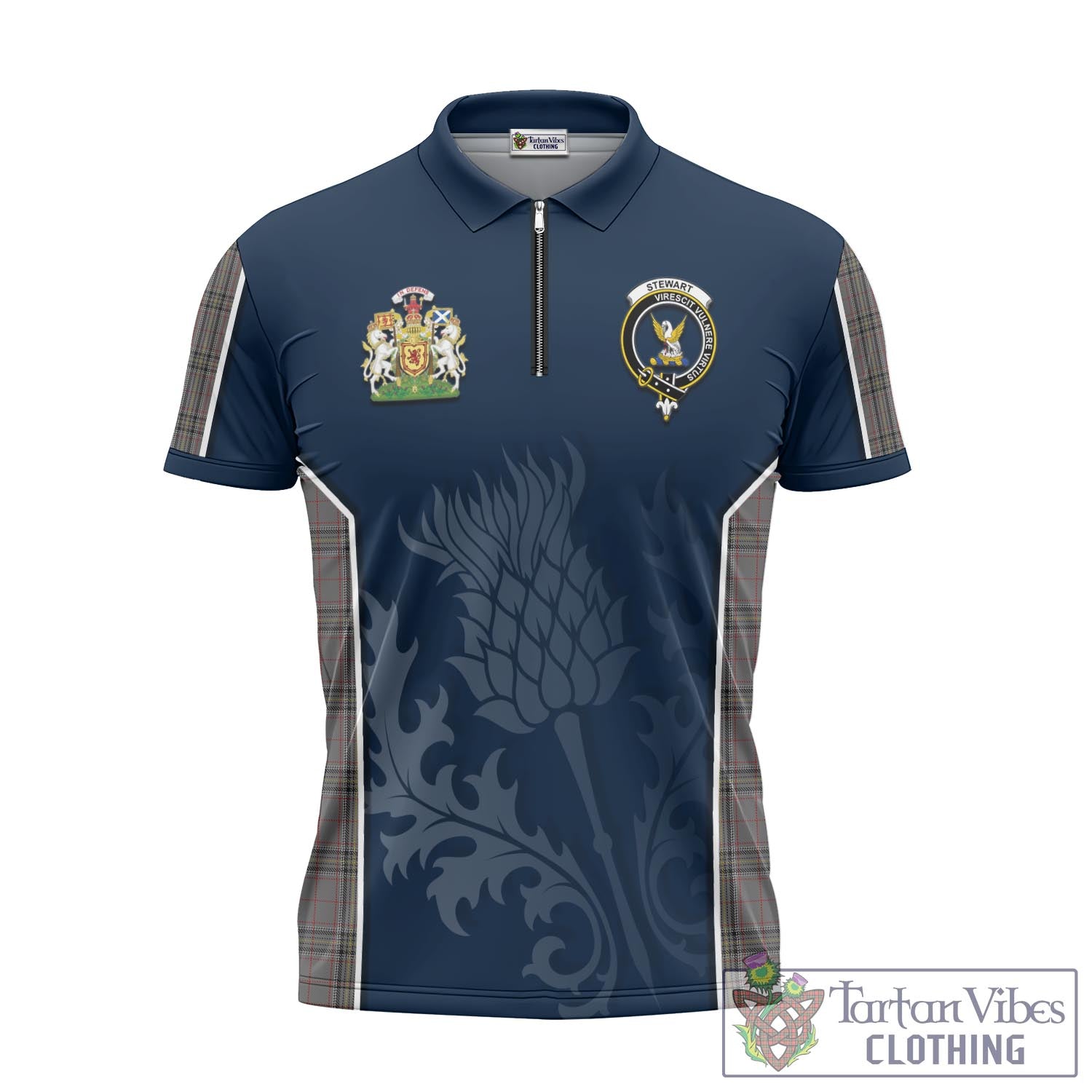 Tartan Vibes Clothing Stewart Grey Tartan Zipper Polo Shirt with Family Crest and Scottish Thistle Vibes Sport Style