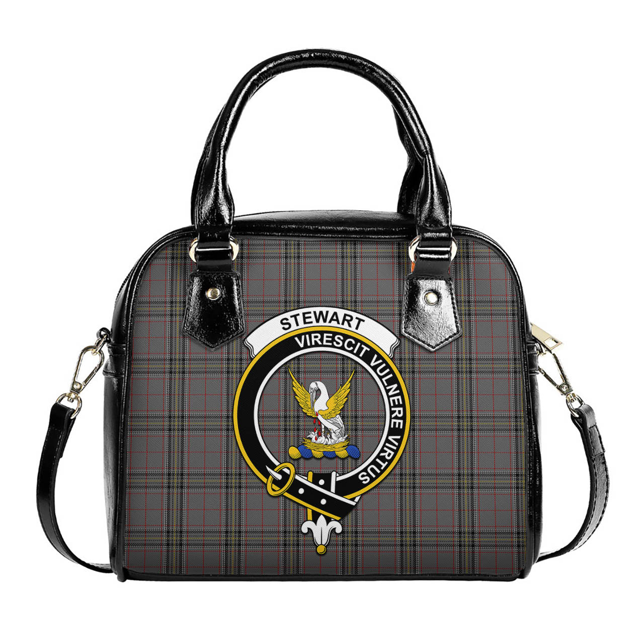 Stewart Grey Tartan Shoulder Handbags with Family Crest One Size 6*25*22 cm - Tartanvibesclothing