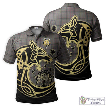 Stewart Grey Tartan Polo Shirt with Family Crest Celtic Wolf Style