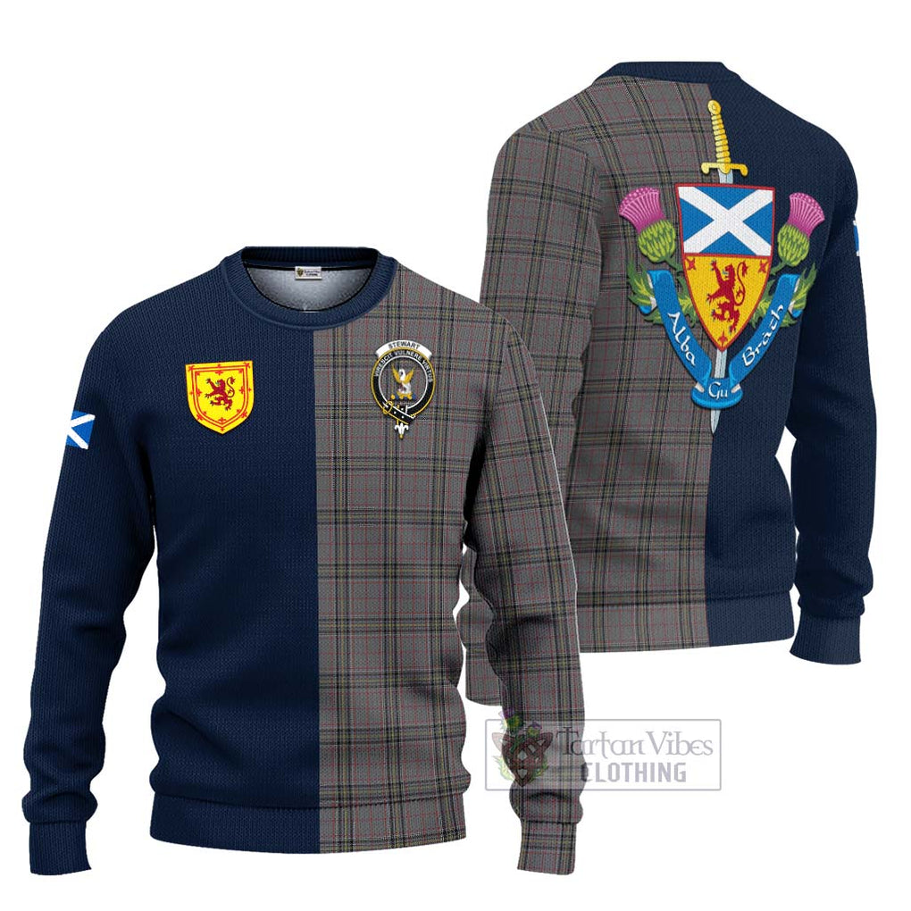 Tartan Vibes Clothing Stewart Grey Tartan Knitted Sweater with Scottish Lion Royal Arm Half Style