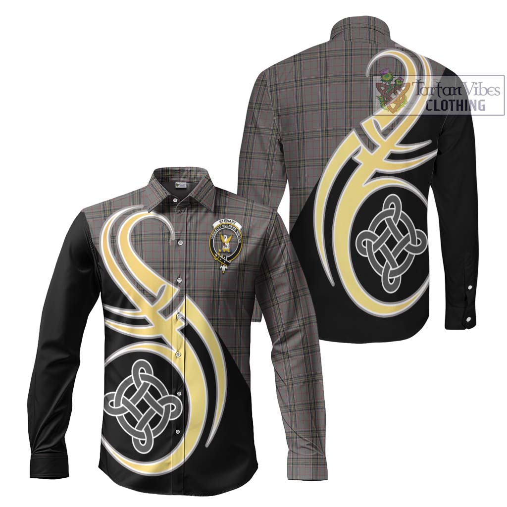 Stewart Grey Tartan Long Sleeve Button Shirt with Family Crest and Celtic Symbol Style Men's Shirt S - Tartan Vibes Clothing