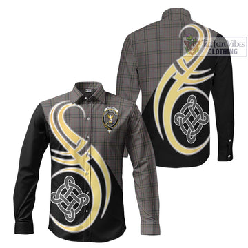 Stewart Grey Tartan Long Sleeve Button Shirt with Family Crest and Celtic Symbol Style