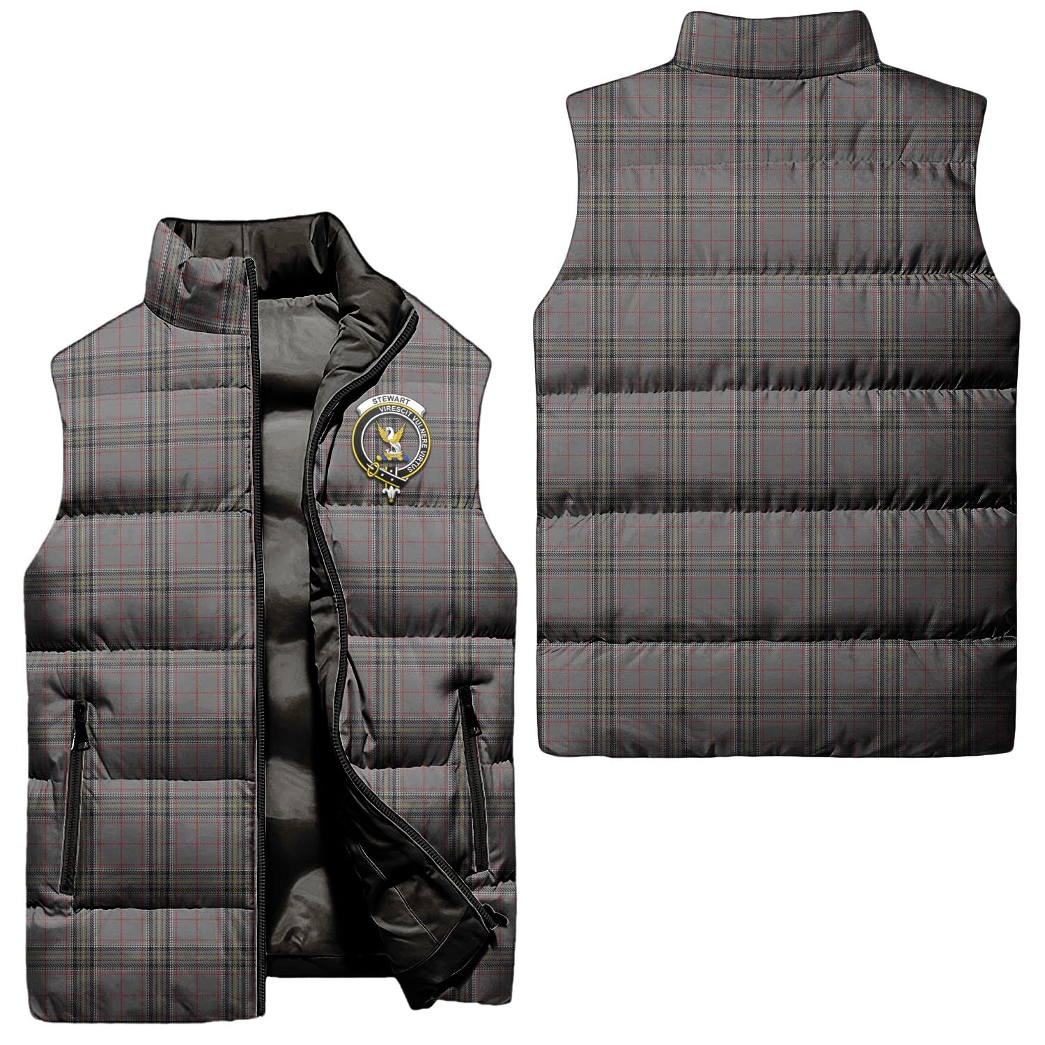 Stewart Grey Tartan Sleeveless Puffer Jacket with Family Crest Unisex - Tartanvibesclothing