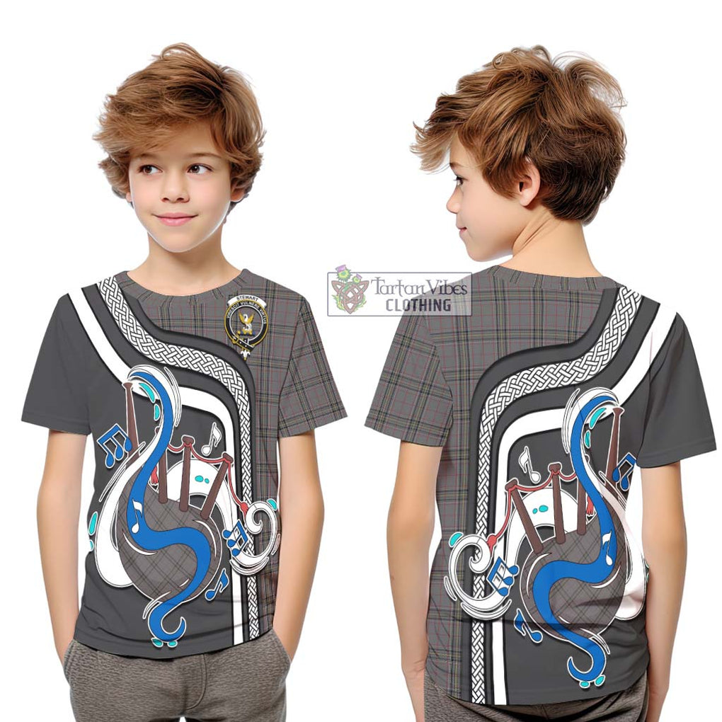 Tartan Vibes Clothing Stewart Grey Tartan Kid T-Shirt with Epic Bagpipe Style