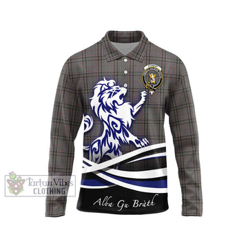 Stewart Grey Tartan Long Sleeve Polo Shirt with Alba Gu Brath Regal Lion Emblem