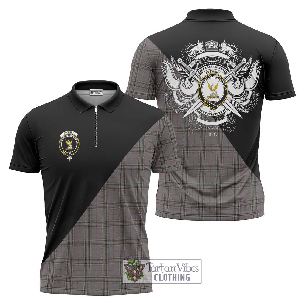 Stewart Grey Tartan Zipper Polo Shirt with Family Crest and Military Logo Style Unisex - Tartanvibesclothing Shop