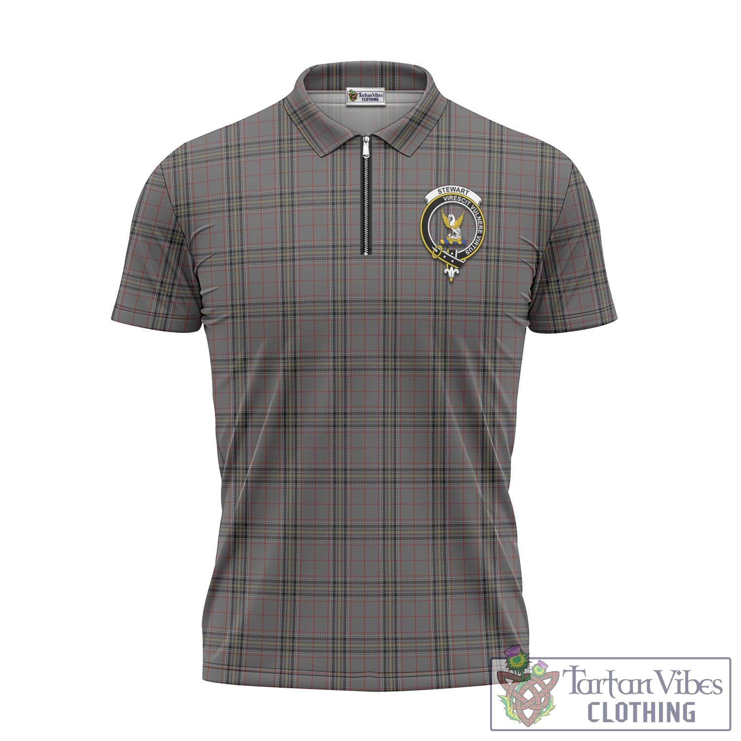 Tartan Vibes Clothing Stewart Grey Tartan Zipper Polo Shirt with Family Crest