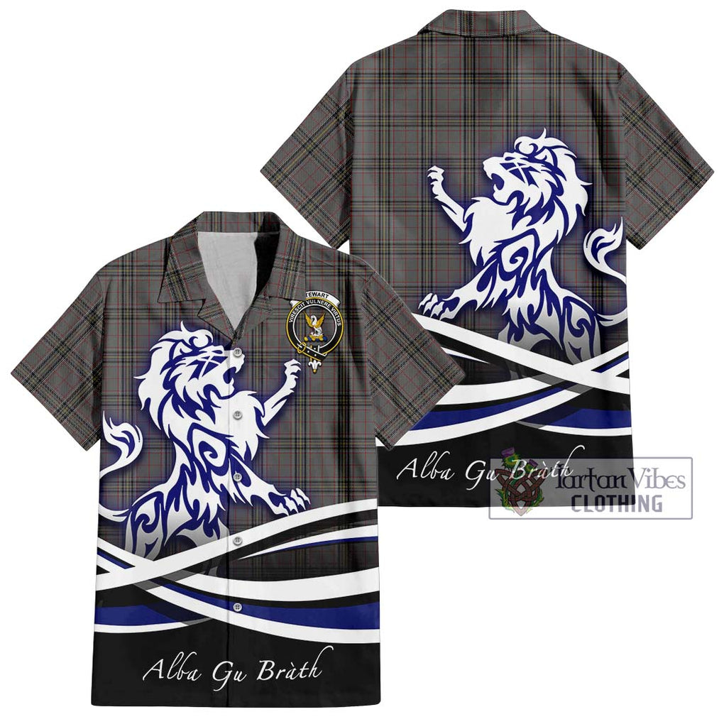 Stewart Grey Tartan Short Sleeve Button Shirt with Alba Gu Brath Regal Lion Emblem Kid - Tartanvibesclothing Shop