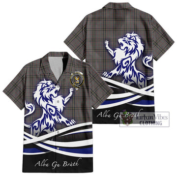 Stewart Grey Tartan Short Sleeve Button Shirt with Alba Gu Brath Regal Lion Emblem