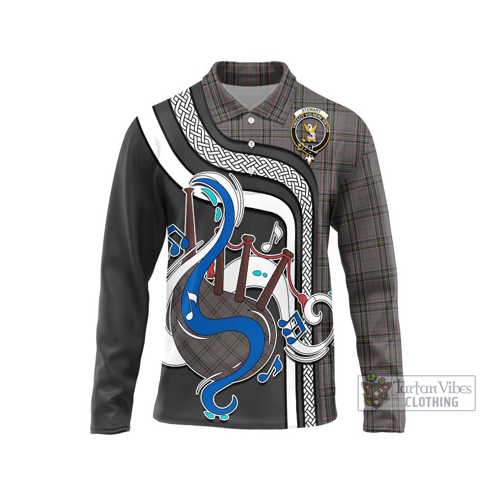 Tartan Vibes Clothing Stewart Grey Tartan Long Sleeve Polo Shirt with Epic Bagpipe Style