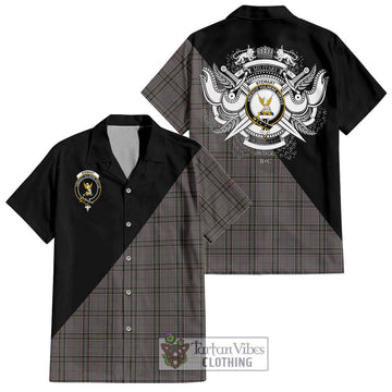 Stewart Grey Tartan Short Sleeve Button Shirt with Family Crest and Military Logo Style