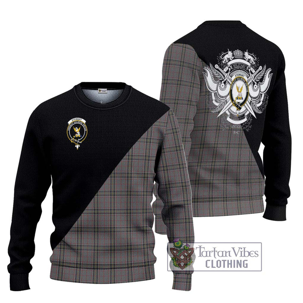 Stewart Grey Tartan Knitted Sweater with Family Crest and Military Logo Style Unisex - Tartanvibesclothing Shop