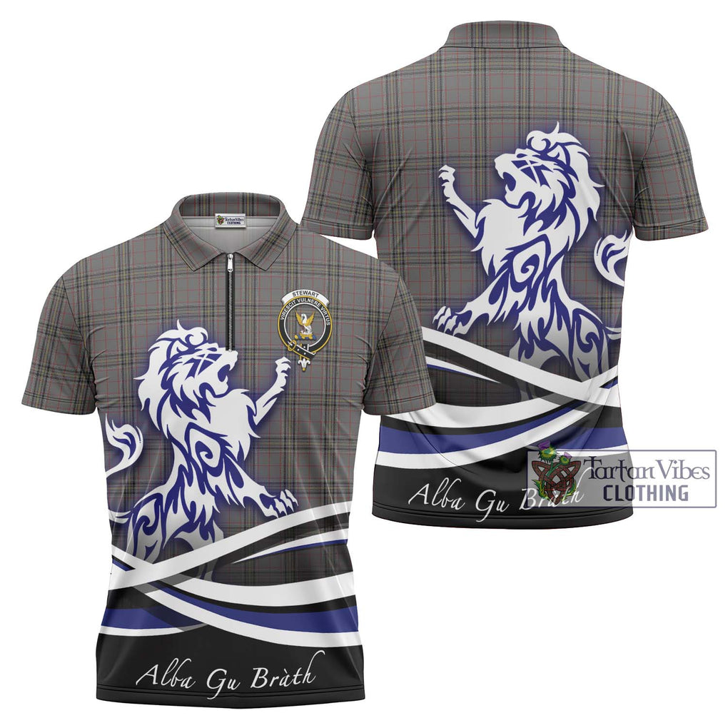 Stewart Grey Tartan Zipper Polo Shirt with Alba Gu Brath Regal Lion Emblem Unisex - Tartanvibesclothing Shop