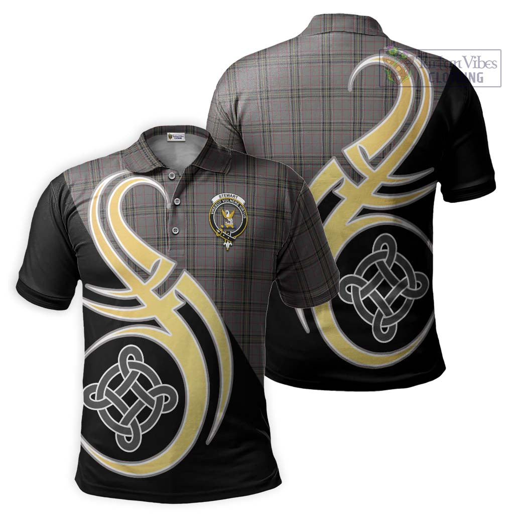 Tartan Vibes Clothing Stewart Grey Tartan Polo Shirt with Family Crest and Celtic Symbol Style