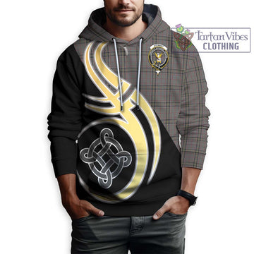 Stewart Grey Tartan Hoodie with Family Crest and Celtic Symbol Style