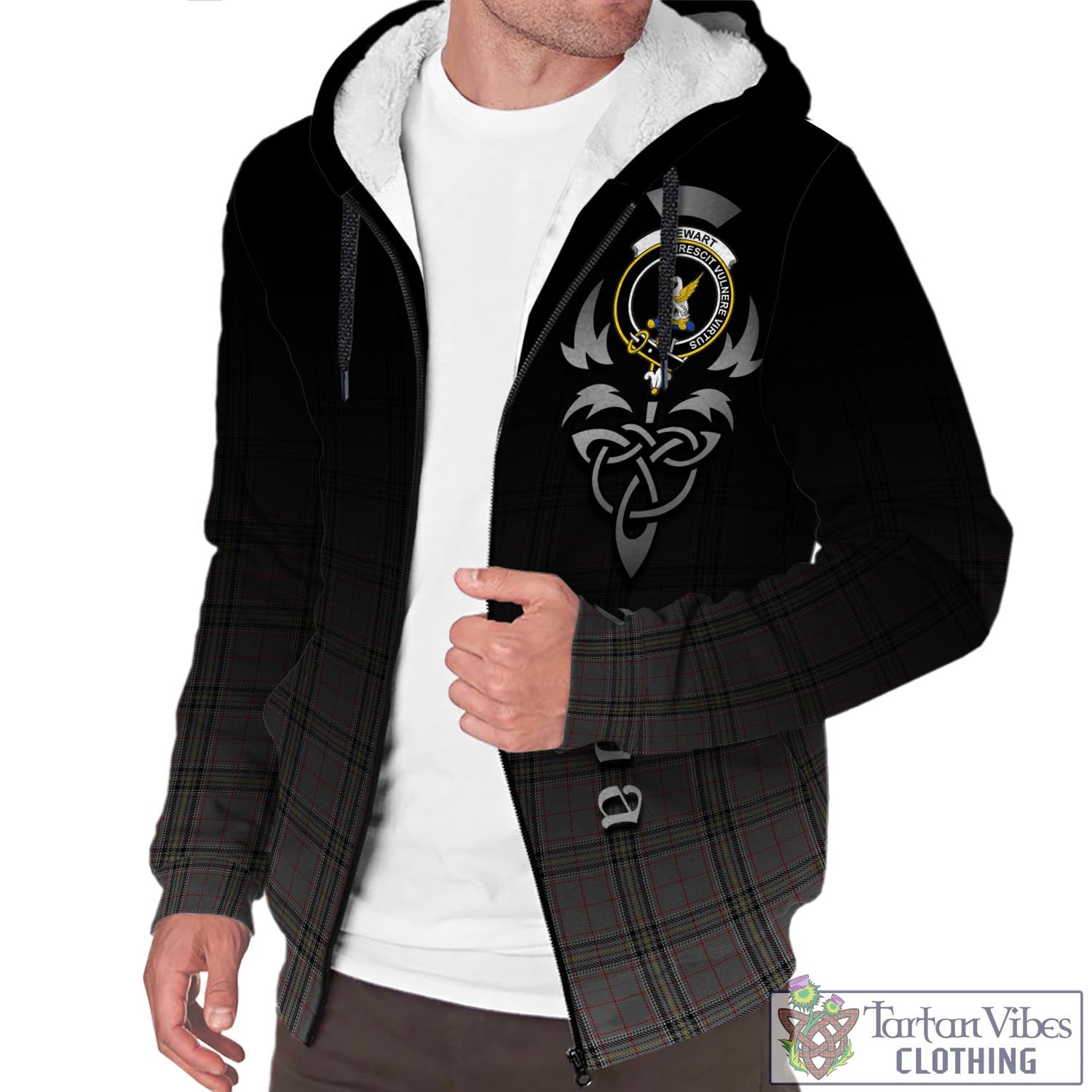 Tartan Vibes Clothing Stewart Grey Tartan Sherpa Hoodie Featuring Alba Gu Brath Family Crest Celtic Inspired