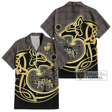 Stewart Grey Tartan Short Sleeve Button Shirt with Family Crest Celtic Wolf Style