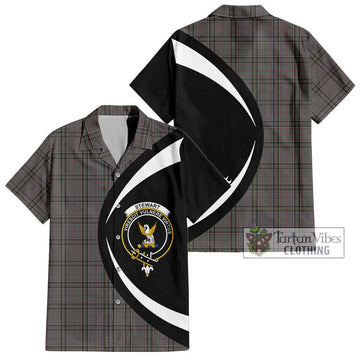 Stewart Grey Tartan Short Sleeve Button Up with Family Crest Circle Style