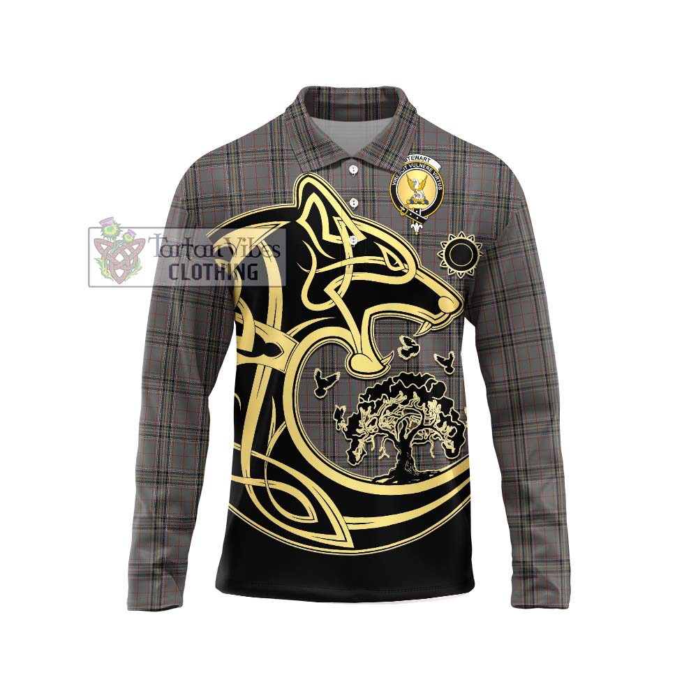 Stewart Grey Tartan Long Sleeve Polo Shirt with Family Crest Celtic Wolf Style Unisex - Tartanvibesclothing Shop