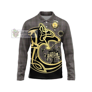 Stewart Grey Tartan Long Sleeve Polo Shirt with Family Crest Celtic Wolf Style