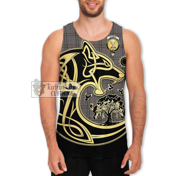 Stewart Grey Tartan Men's Tank Top with Family Crest Celtic Wolf Style