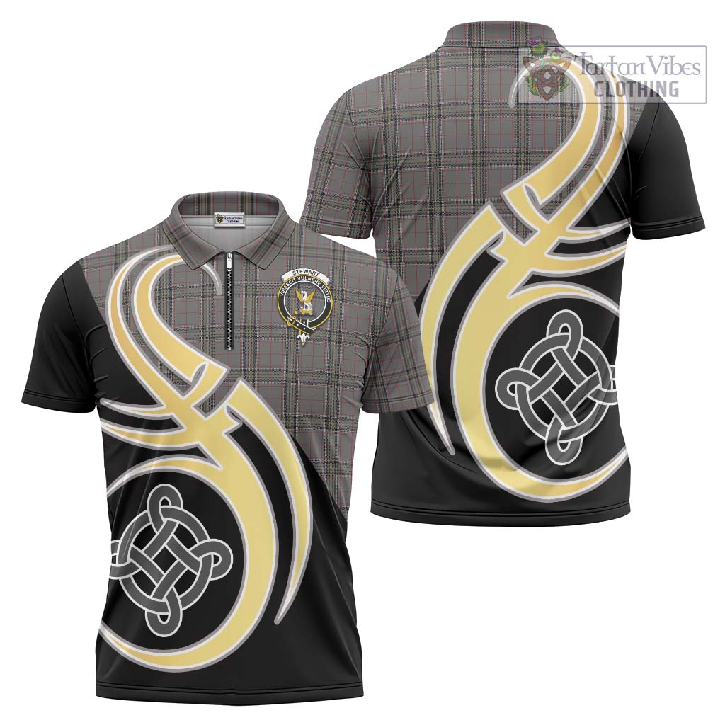 Tartan Vibes Clothing Stewart Grey Tartan Zipper Polo Shirt with Family Crest and Celtic Symbol Style