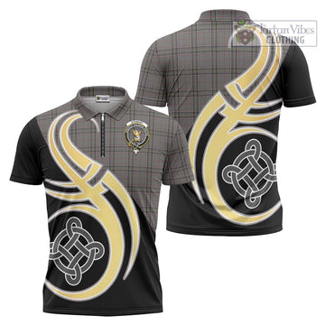 Stewart Grey Tartan Zipper Polo Shirt with Family Crest and Celtic Symbol Style