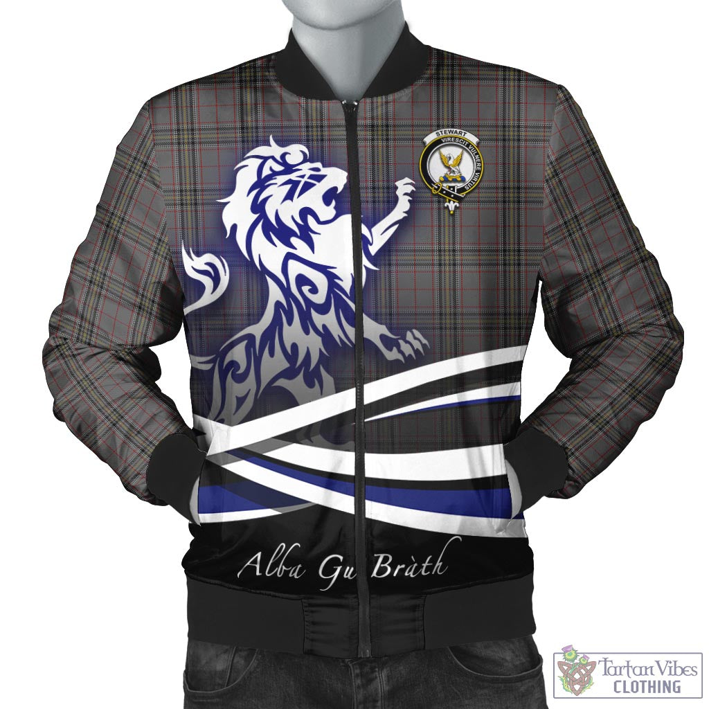 Tartan Vibes Clothing Stewart Grey Tartan Bomber Jacket with Alba Gu Brath Regal Lion Emblem