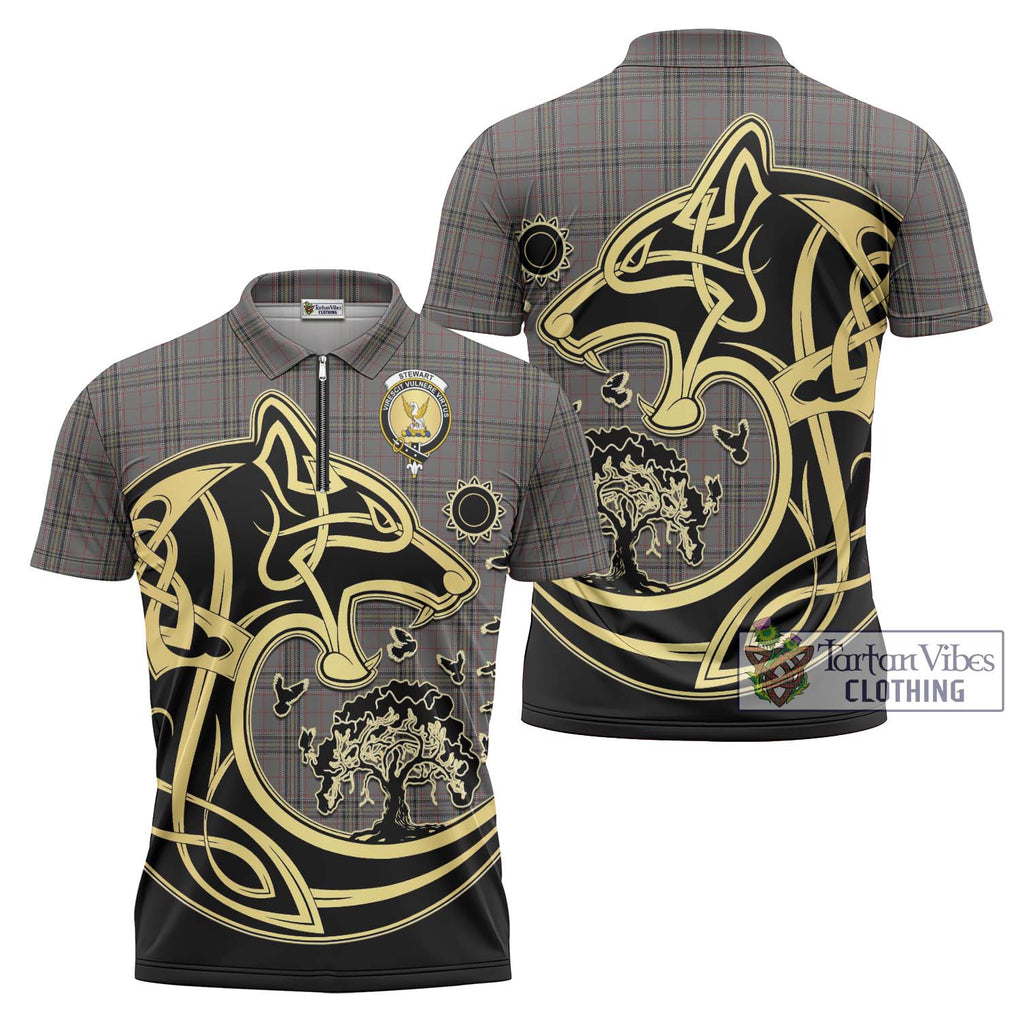 Stewart Grey Tartan Zipper Polo Shirt with Family Crest Celtic Wolf Style Unisex - Tartanvibesclothing Shop