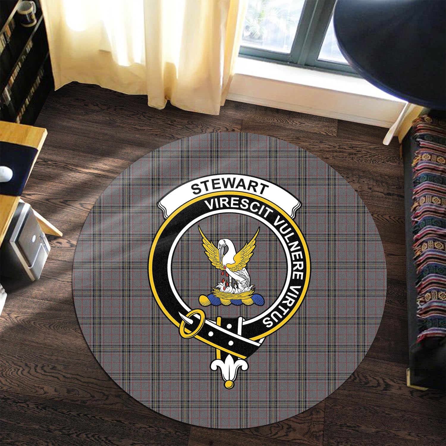 stewart-grey-tartan-round-rug-with-family-crest