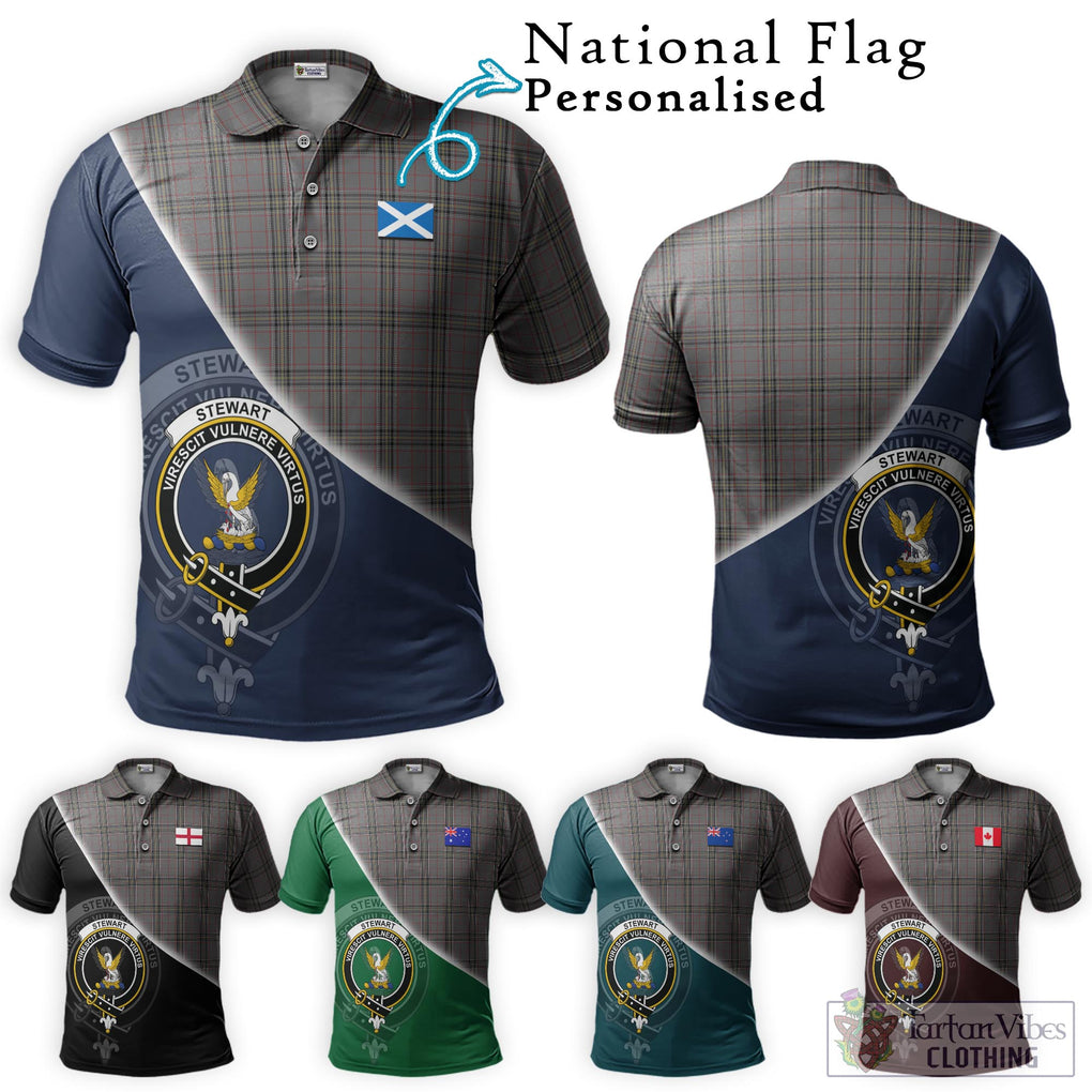 Stewart Grey Tartan Polo Shirt with Personalised National Flag and Family Crest Half Style Maroon - Tartanvibesclothing Shop