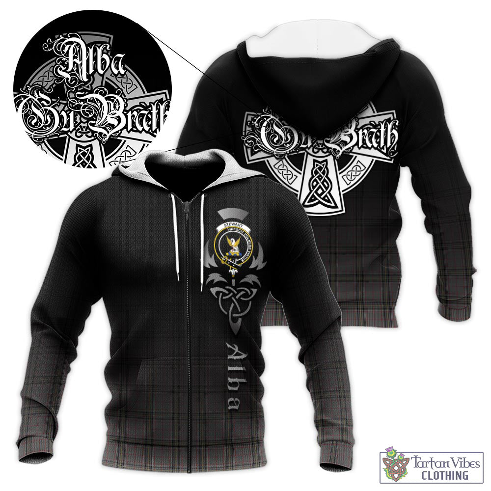 Tartan Vibes Clothing Stewart Grey Tartan Knitted Hoodie Featuring Alba Gu Brath Family Crest Celtic Inspired