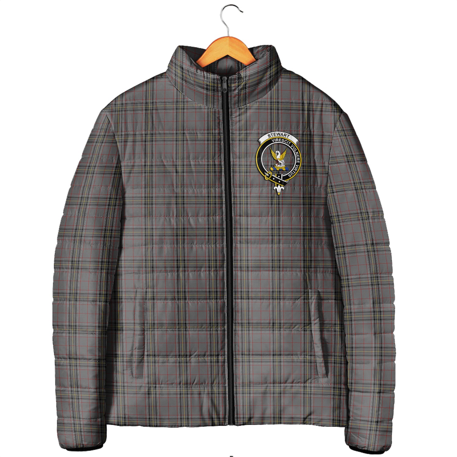 Stewart Grey Tartan Padded Jacket with Family Crest Men's Padded Jacket - Tartan Vibes Clothing