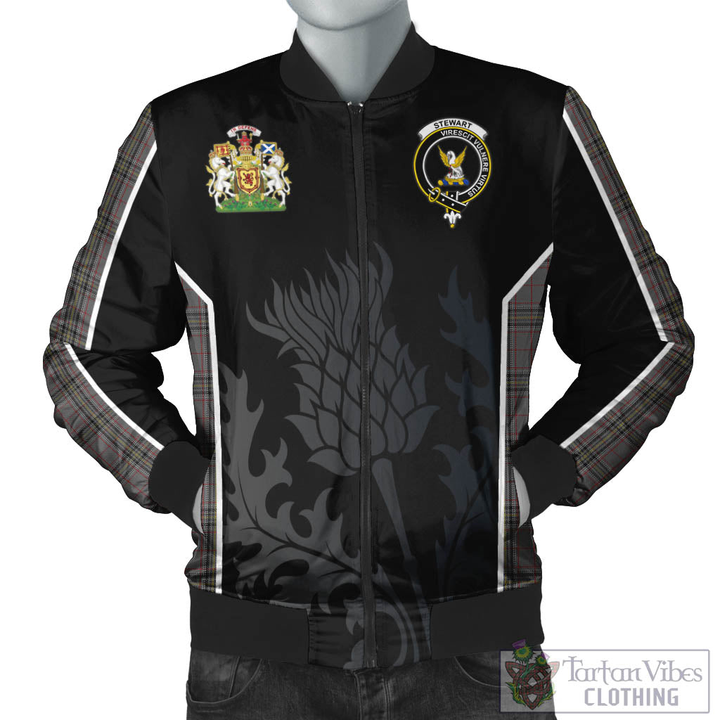 Tartan Vibes Clothing Stewart Grey Tartan Bomber Jacket with Family Crest and Scottish Thistle Vibes Sport Style