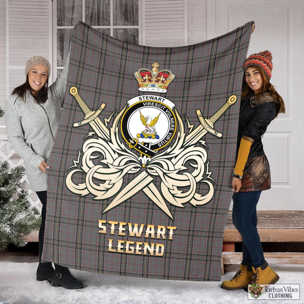 Tartan Vibes Clothing Stewart Grey Tartan Blanket with Clan Crest and the Golden Sword of Courageous Legacy