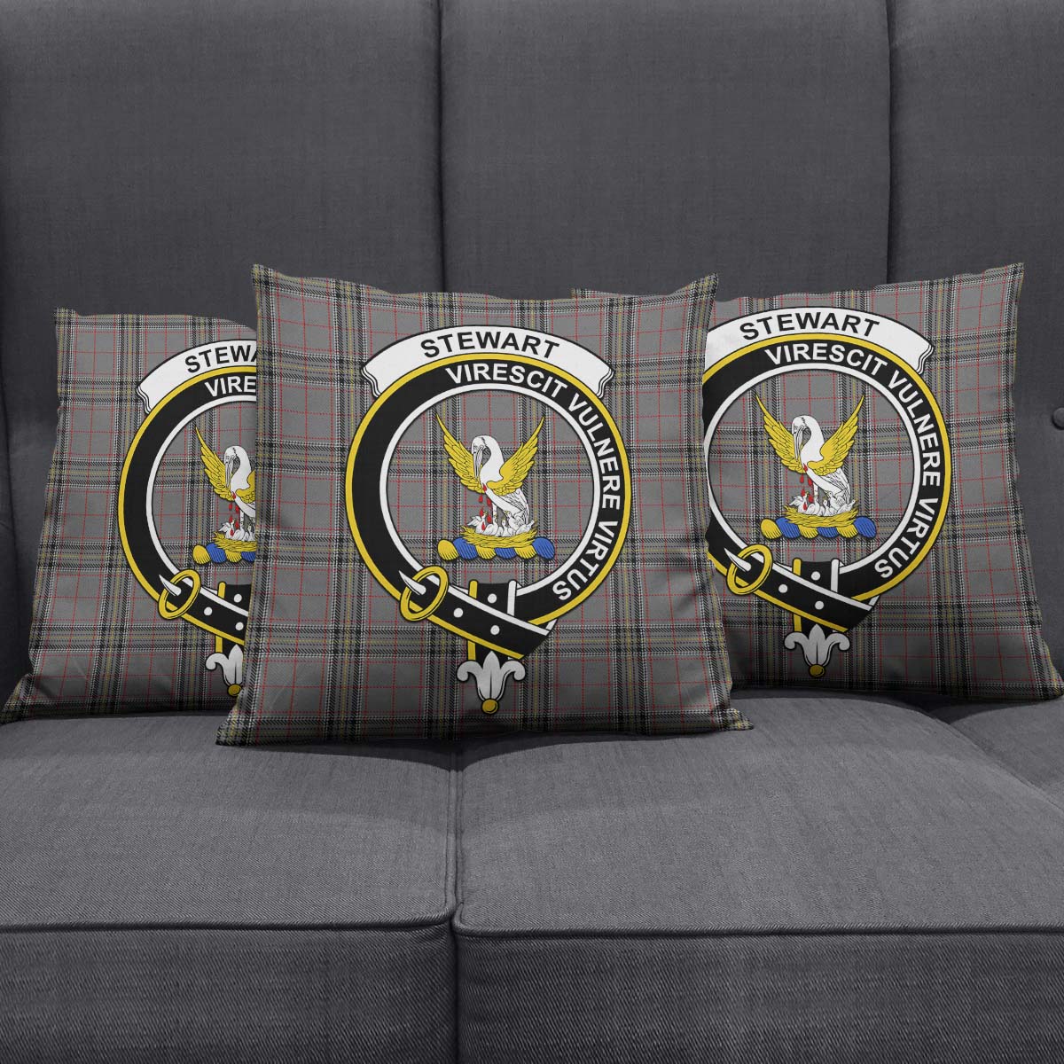 Stewart Grey Tartan Pillow Cover with Family Crest Square Pillow Cover - Tartanvibesclothing