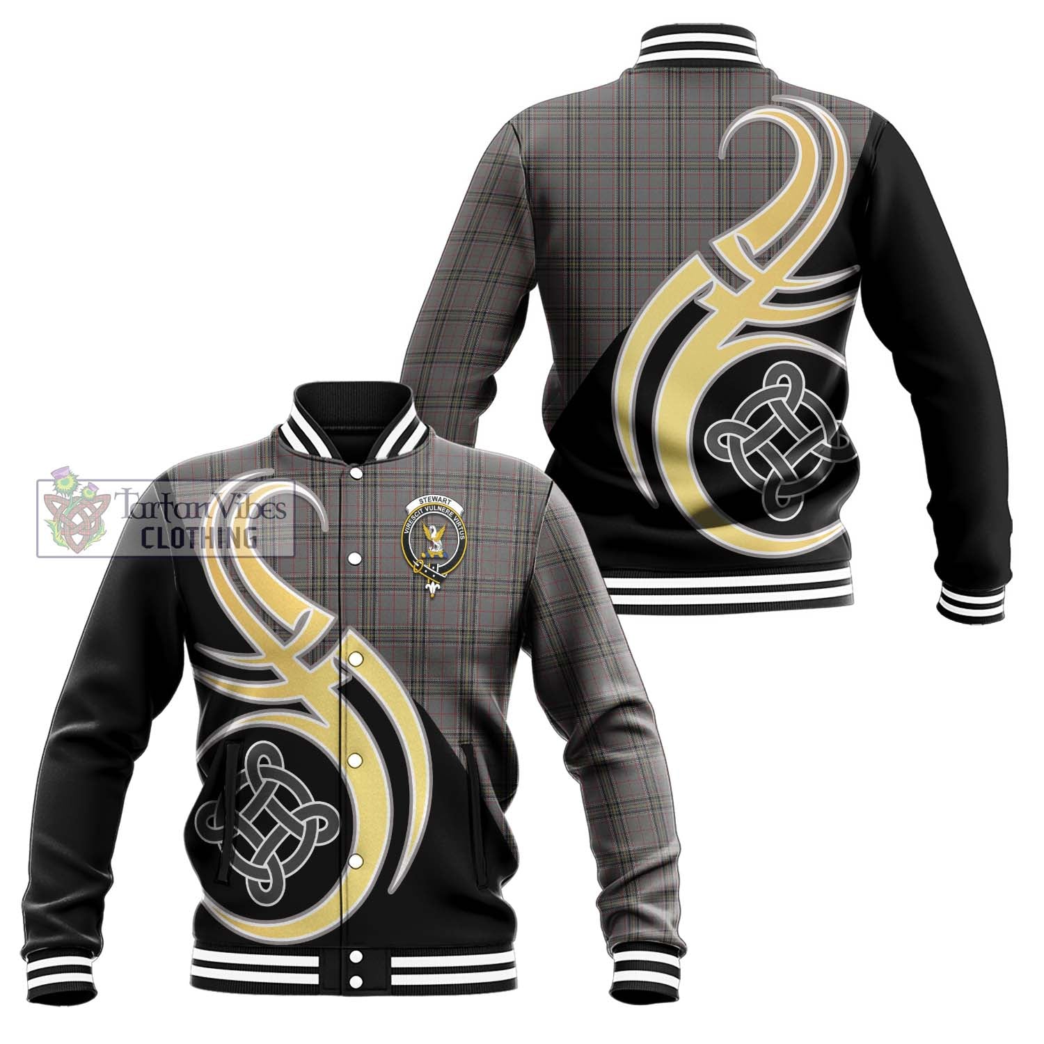 Stewart Grey Tartan Baseball Jacket with Family Crest and Celtic Symbol Style Unisex - Tartan Vibes Clothing