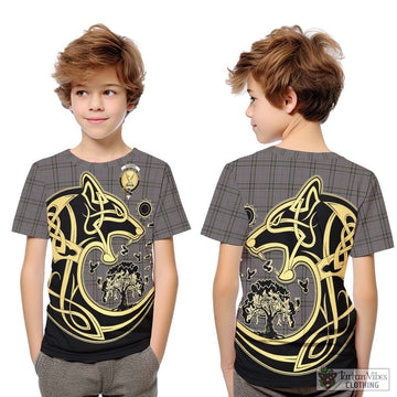 Stewart Grey Tartan Kid T-Shirt with Family Crest Celtic Wolf Style